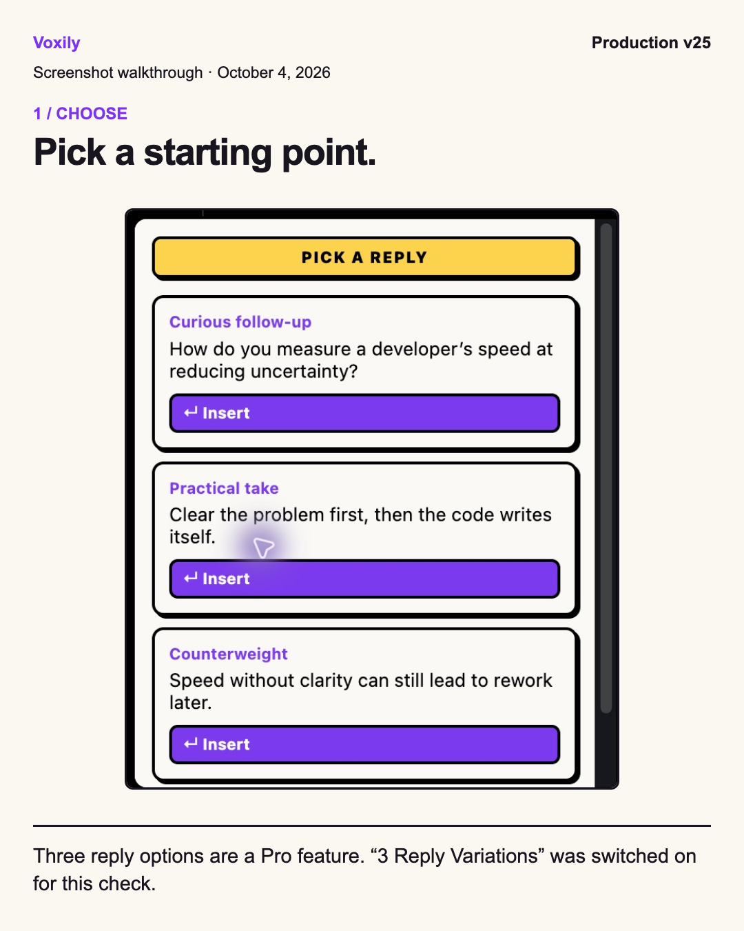 Voxily X reply picker with Pro variations enabled, captured October 4, 2026